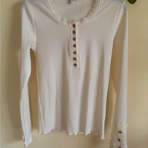 White Birch Cream Long Sleeve Henley Top with Lace Trim